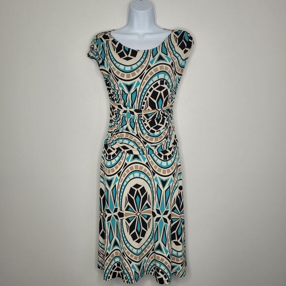 Vintage y2k cap sleeve boat neck stretch geometric print dress size 4 - Picture 1 of 6